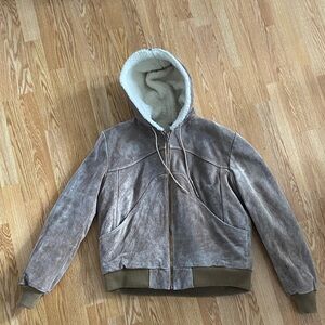 Vintage Men's Brown Suede Sherpa Lined Jacket with Hood